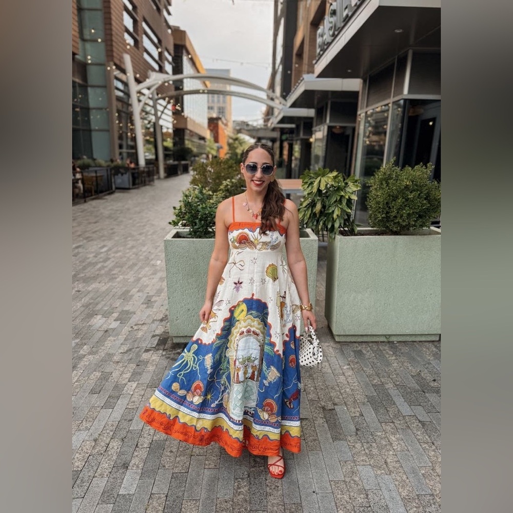 Alemais Surrealist Summer Maxi SunDress with orange and Blue Accents
